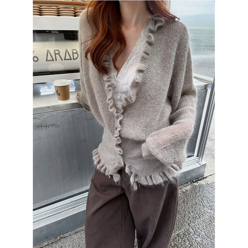 Crop Cardigan Vintage - Kore Tarzı V Yaka Fırfırlı Tatlı