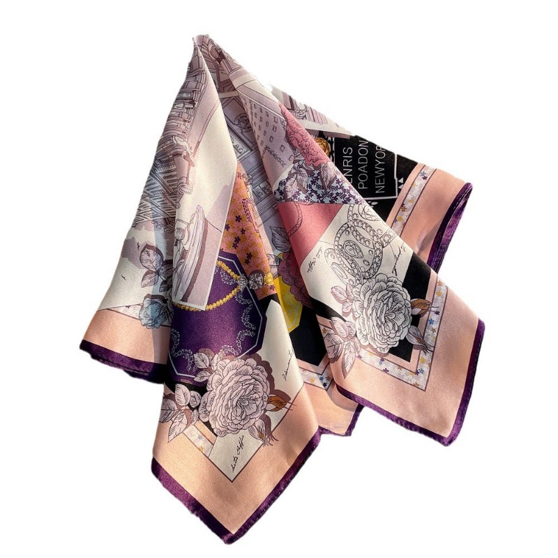Vintage Fashion Build - 53x53cm Zarif Pembe Siyah İpek Bandana