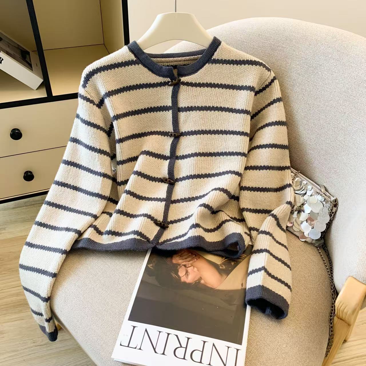 Crop Cardigan Vintage - Kadın Çizgili O-Boyun Hırka Kazak Vintage