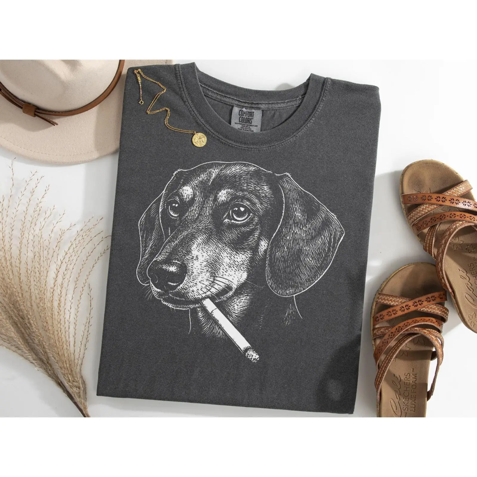 Vintage Fashion Gen Z - Dachshund Sigara İçen Meme Tişörtü Brainrot